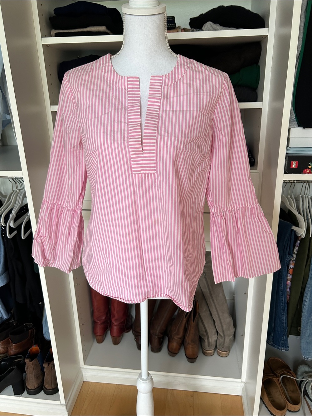 J. Crew Pink and White Striped Split-Neck Bell Sleeve top